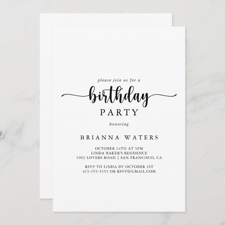 Minimalist Calligraphy Birthday Party Invitation | Zazzle