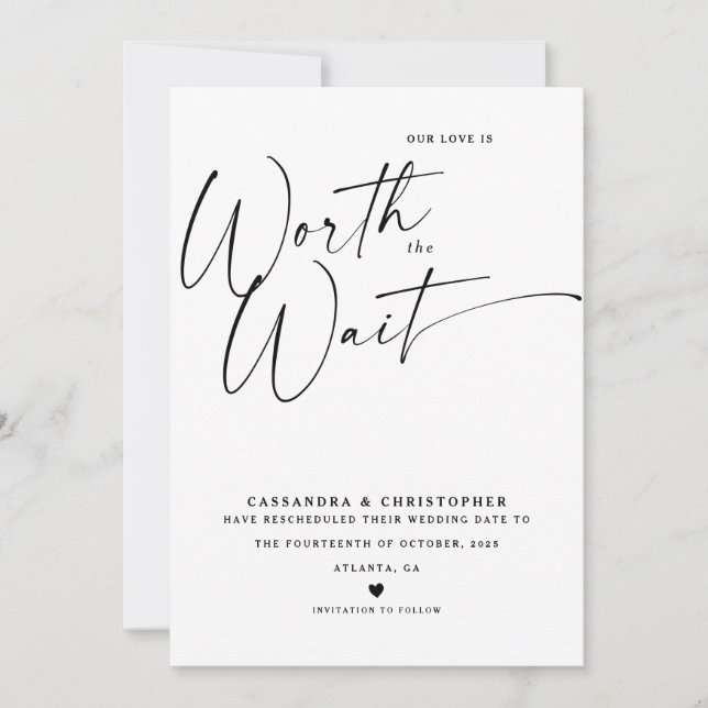 Minimalist Calligraphy Black & White Wedding New Save The Date (Front)