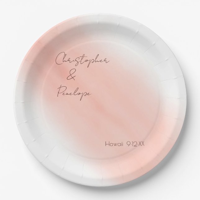 Minimalist Calligraphy Blush Watercolor Wedding Paper Plates (Front)