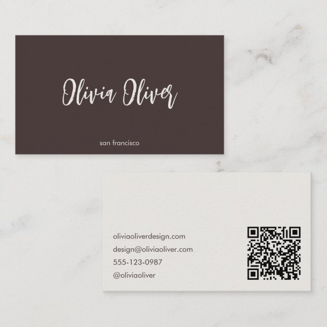 Minimalist Calligraphy Brown Cream Modern QR Code Business Card (Front/Back)