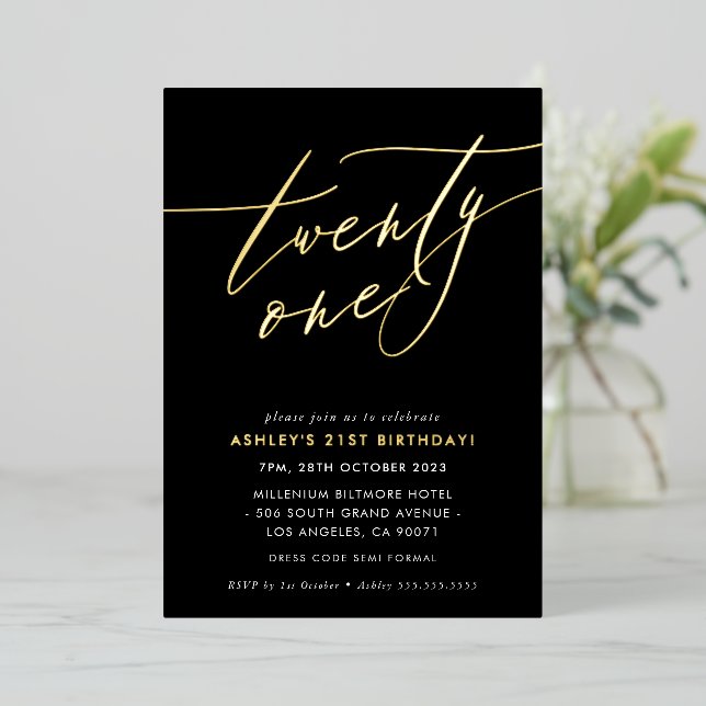 MINIMALIST Calligraphy chic 21st birthday gold Foi Foil Invitation (Standing Front)