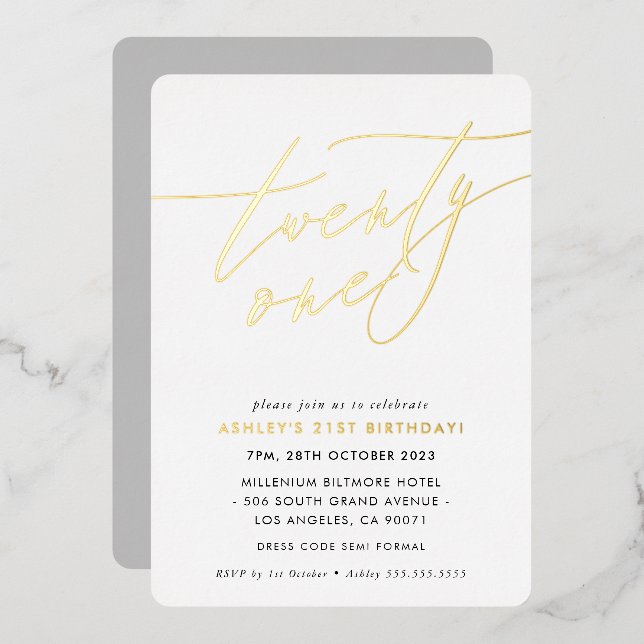 MINIMALIST Calligraphy chic 21st birthday gold Foil Invitation (Front/Back)