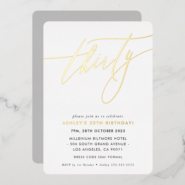 MINIMALIST Calligraphy chic 30th birthday gold Foil Invitation (Front/Back)