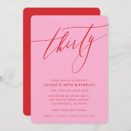 MINIMALIST Calligraphy chic 30th party pink red Invitation