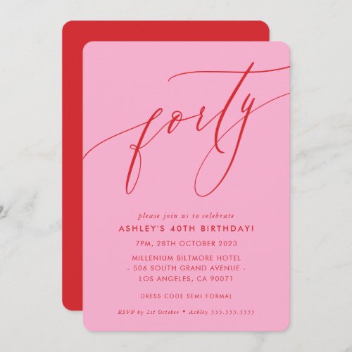 MINIMALIST Calligraphy chic 40th party pink red Invitation