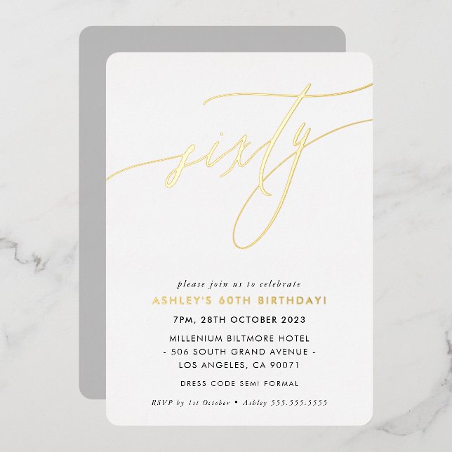 MINIMALIST Calligraphy chic 60th birthday gold Foil Invitation (Front/Back)