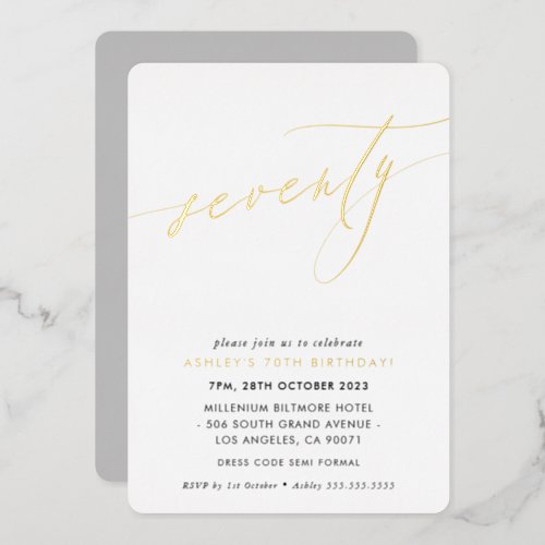 MINIMALIST Calligraphy chic 70th birthday gold Foil Invitation