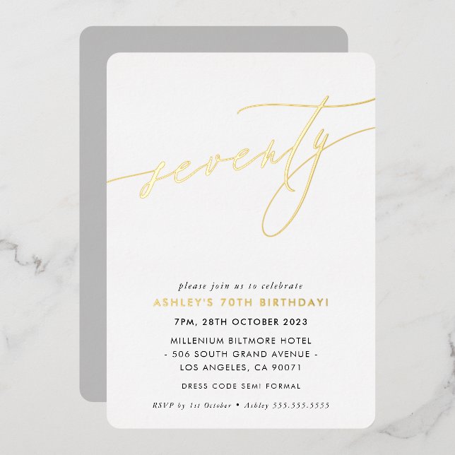 MINIMALIST Calligraphy chic 70th birthday gold Foil Invitation (Front/Back)