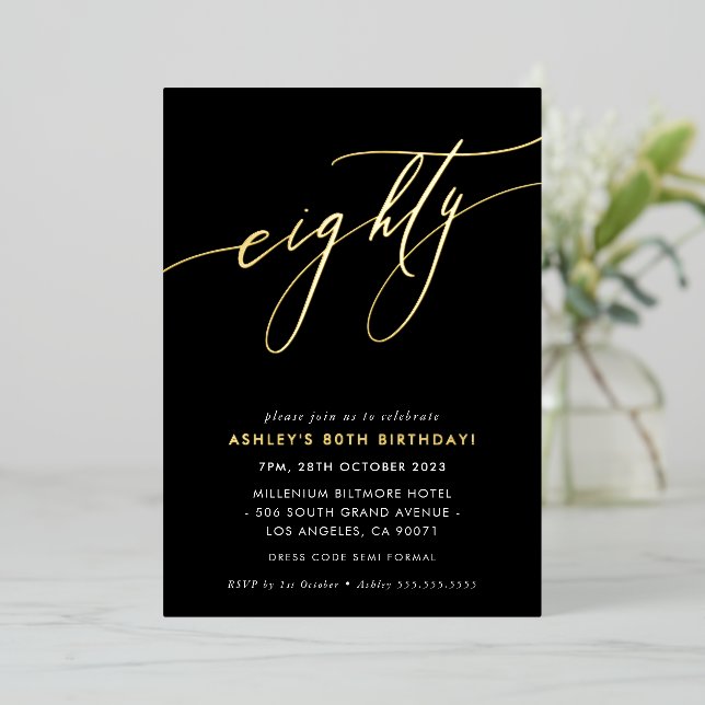 MINIMALIST Calligraphy chic 80th birthday gold Foi Foil Invitation (Standing Front)