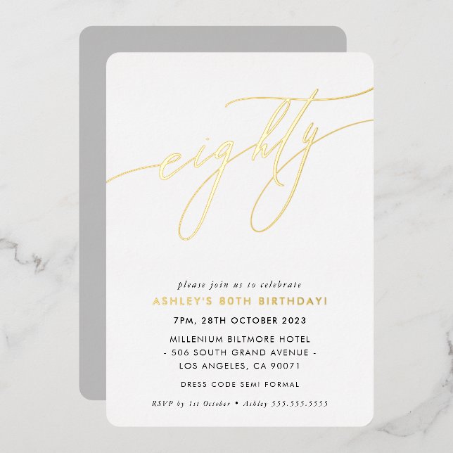 MINIMALIST Calligraphy chic 80th birthday gold Foil Invitation (Front/Back)