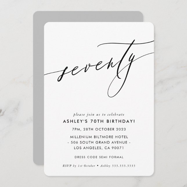 MINIMALIST Calligraphy chic stylish 70th birthday Invitation (Front/Back)