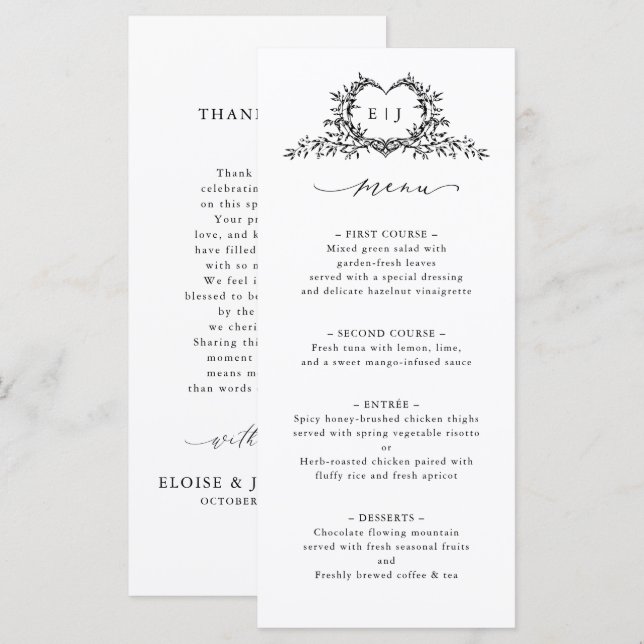 Minimalist Calligraphy Crest Double-Sided Wedding Menu (Front/Back)