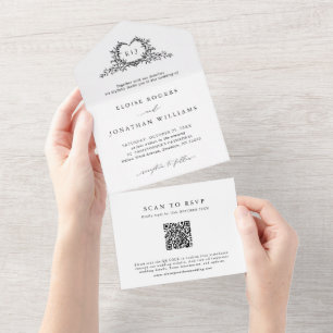 Minimalist Calligraphy Crest monogram QR Code All In One Invitation