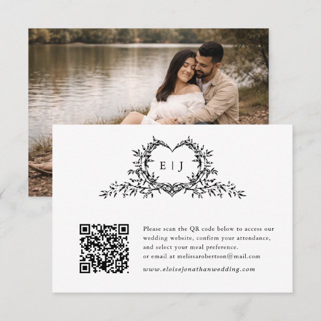 Minimalist Calligraphy Crest monogram QR Code Boho RSVP Card (Front/Back)