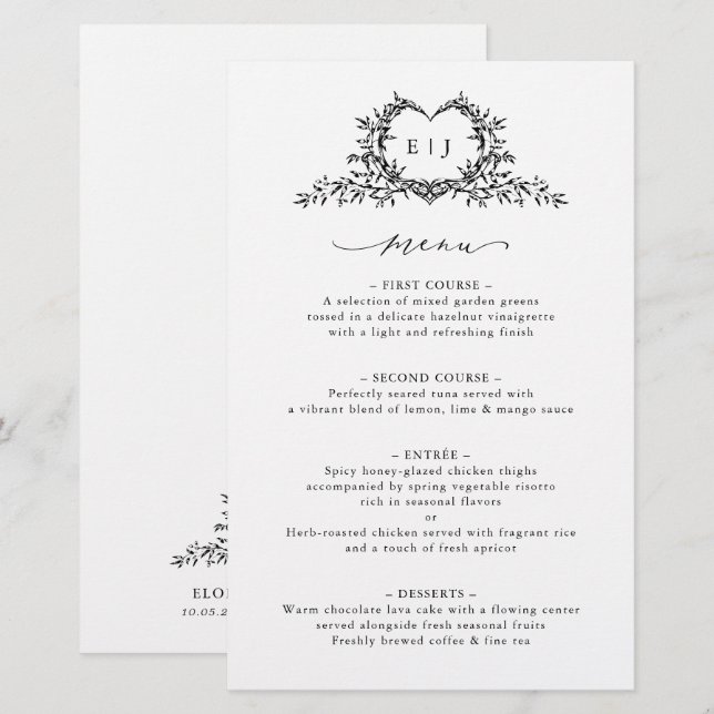 Minimalist Calligraphy Crest monogram Wedding Menu (Front/Back)