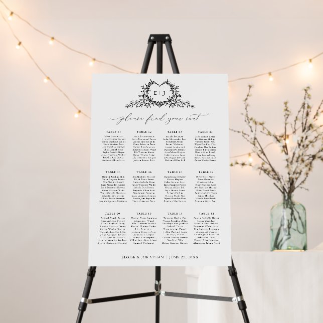 Minimalist Calligraphy Crest Wedding Seating chart Foam Board (In Situ (Stand))