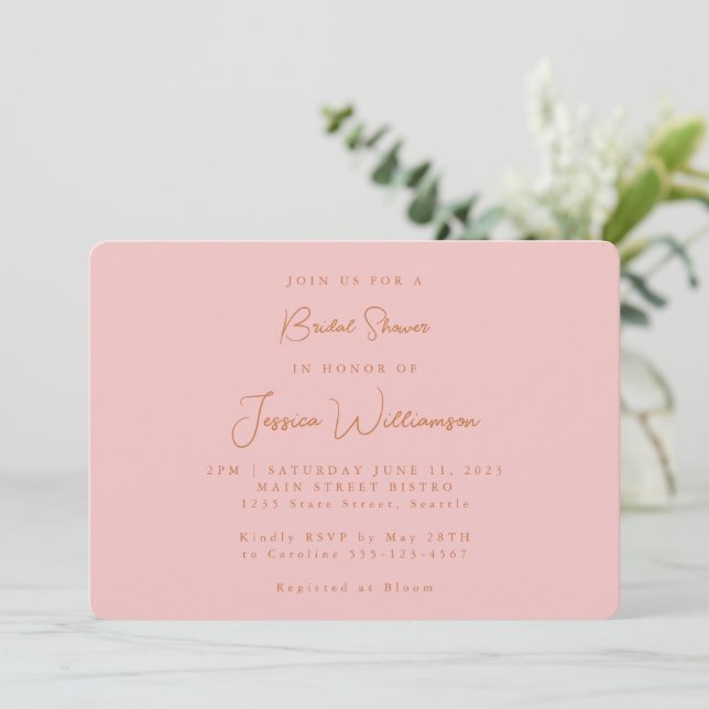 Minimalist Calligraphy Cute Pink Bridal Shower Invitation (Standing Front)