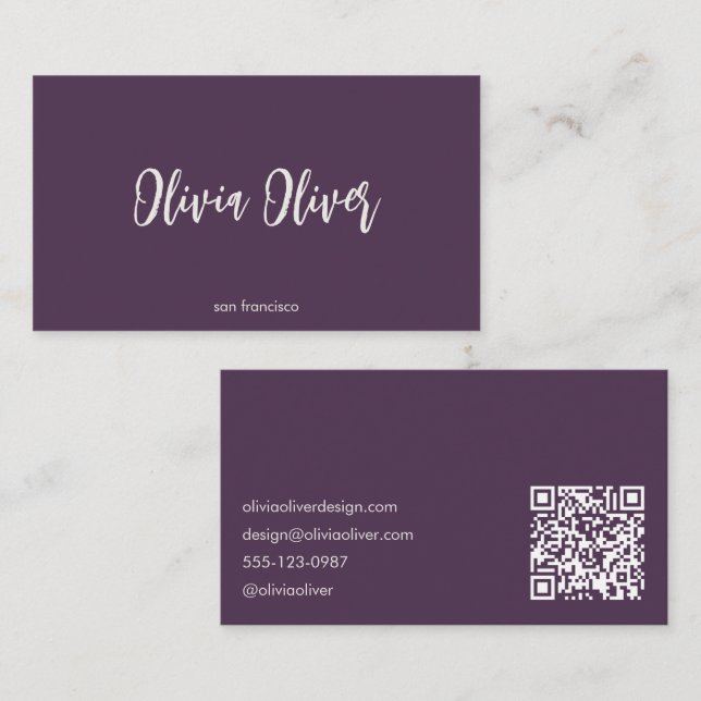 Minimalist Calligraphy Dark Purple Modern QR Code Business Card (Front/Back)