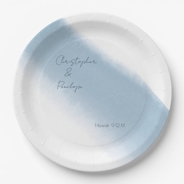 Minimalist Calligraphy Dusty Blue Watercolor   Paper Plates (Front)