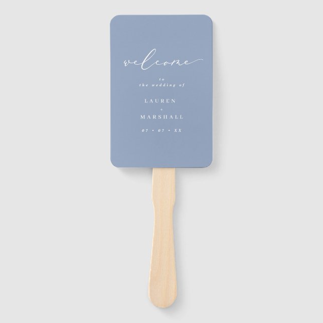 Minimalist Calligraphy Dusty Blue Wedding Program Hand Fan (Front)