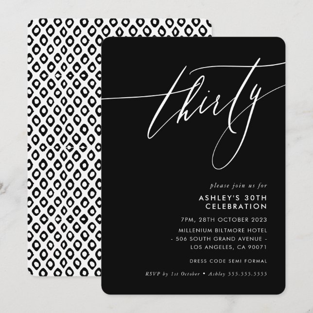 MINIMALIST Calligraphy elegant 30th party black Invitation (Front/Back)