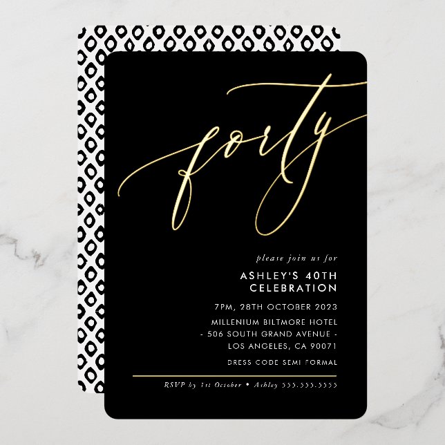 MINIMALIST Calligraphy elegant 40th party black Foil Invitation (Front/Back)