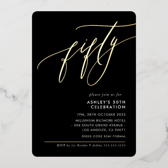 MINIMALIST Calligraphy elegant 50th party black Foil Invitation (Front)