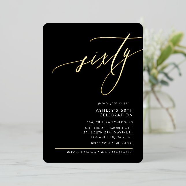 MINIMALIST Calligraphy elegant 60th party black Foil Invitation (Standing Front)