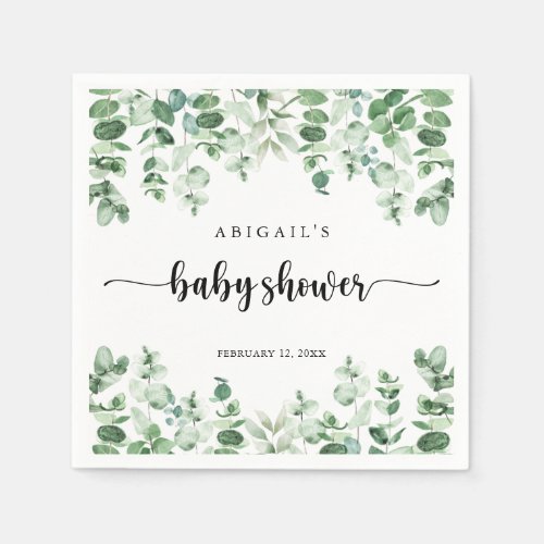 Minimalist Calligraphy Eucalyptus Baby Shower  Napkins