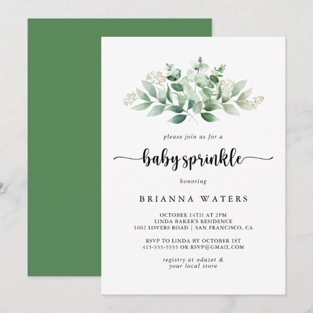 Minimalist Calligraphy Eucalyptus Baby Sprinkle  Invitation (Front/Back)