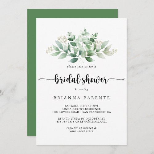 Minimalist Calligraphy Eucalyptus Bridal Shower  Invitation