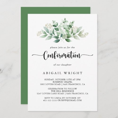 Minimalist Calligraphy Eucalyptus Confirmation  Invitation