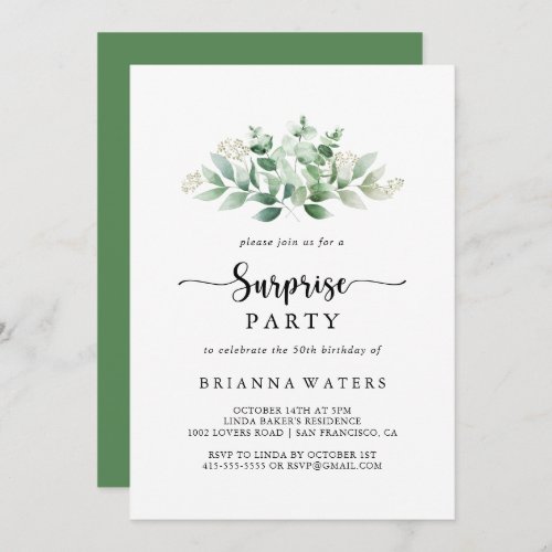 Minimalist Calligraphy Eucalyptus Surprise Party  Invitation