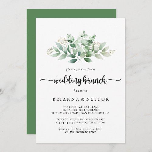 Minimalist Calligraphy Eucalyptus Wedding Brunch  Invitation