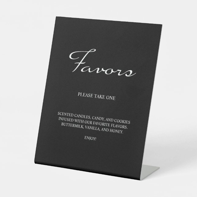 Minimalist Calligraphy Favors Black Wedding Pedestal Sign (Front)