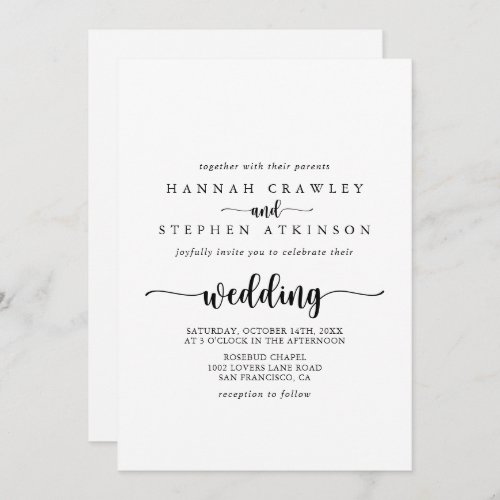 Minimalist Calligraphy Front  Back Wedding Invitation
