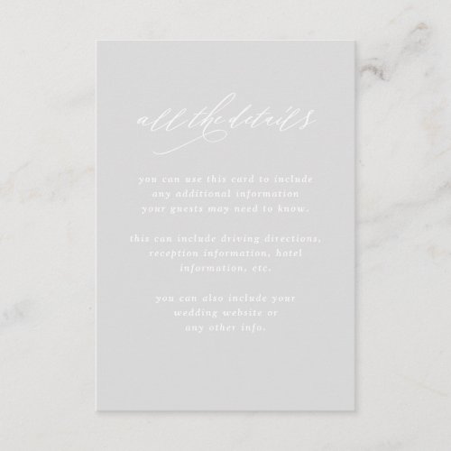 Minimalist Calligraphy  Gray Wedding Details Enclosure Card