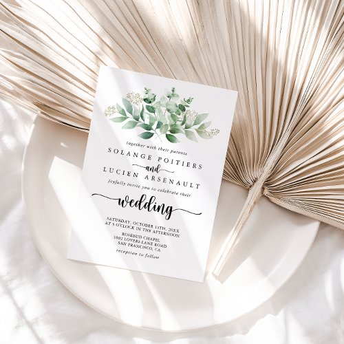 Minimalist Calligraphy Green Eucalyptus Wedding   Invitation