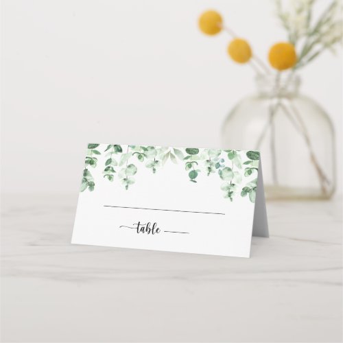 Minimalist Calligraphy Green Eucalyptus Wedding Place Card