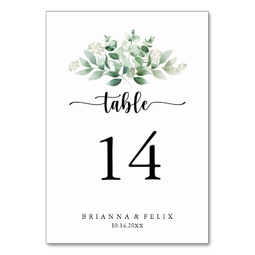 Minimalist Calligraphy Green Eucalyptus Wedding  Table Number