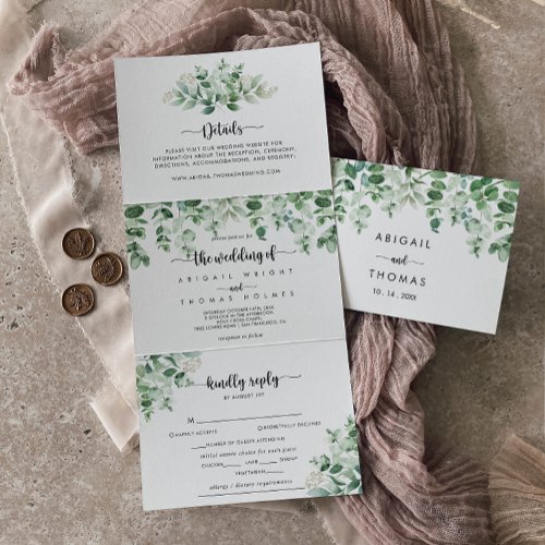 Minimalist Calligraphy Green Eucalyptus Wedding Tri_Fold Invitation