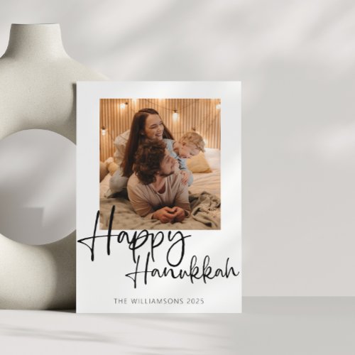 Minimalist Calligraphy Happy Hanukkah Photo Holiday Card