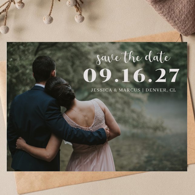 Minimalist calligraphy Horizontal Wedding Photo Save The Date (Creator Uploaded)