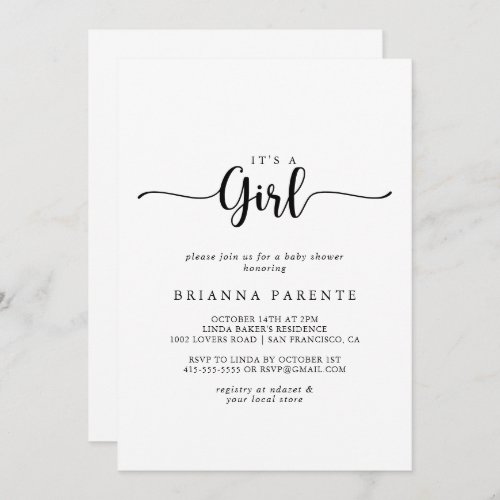 Minimalist Calligraphy Its A Girl Baby Shower  Invitation