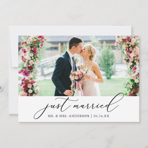 Minimalist Calligraphy Just Married Photo Wedding Announcement