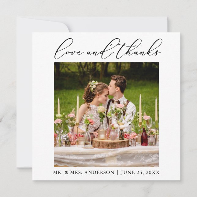 Minimalist Calligraphy Love Wedding Photo Square Thank You Card (Front)