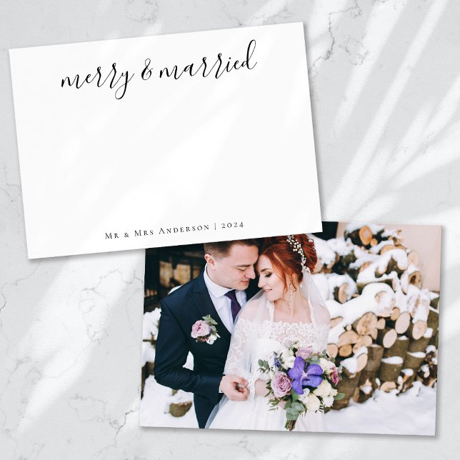 Minimalist Calligraphy Merry & Married Newlyweds Holiday Card (Creator Uploaded)
