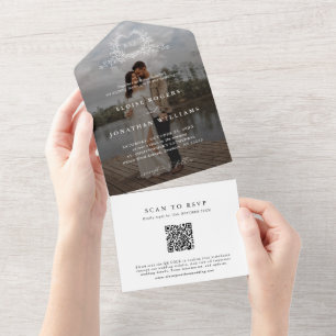 Minimalist Calligraphy monogram QR Code Photo All In One Invitation