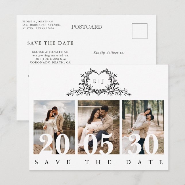 Minimalist Calligraphy monogram Save the Date Postcard (Front/Back)