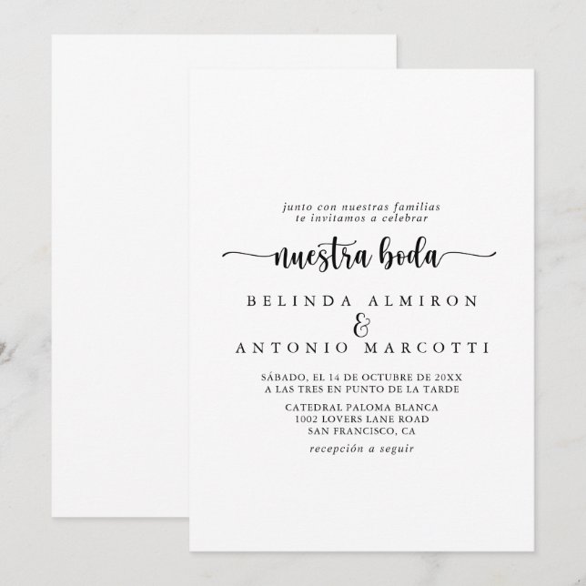 Minimalist Calligraphy Nuestra Boda Wedding Invitation (Front/Back)